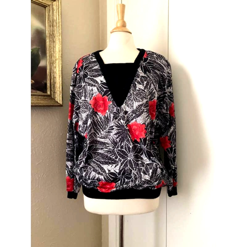 Vintage Black & Red Floral Loose Top By Top Notch /  Women's Large - XL
